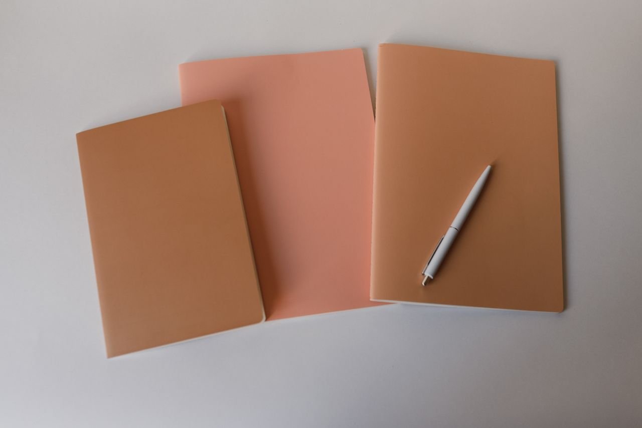 Minimalist flat lay of pastel notebooks and pen on white surface.